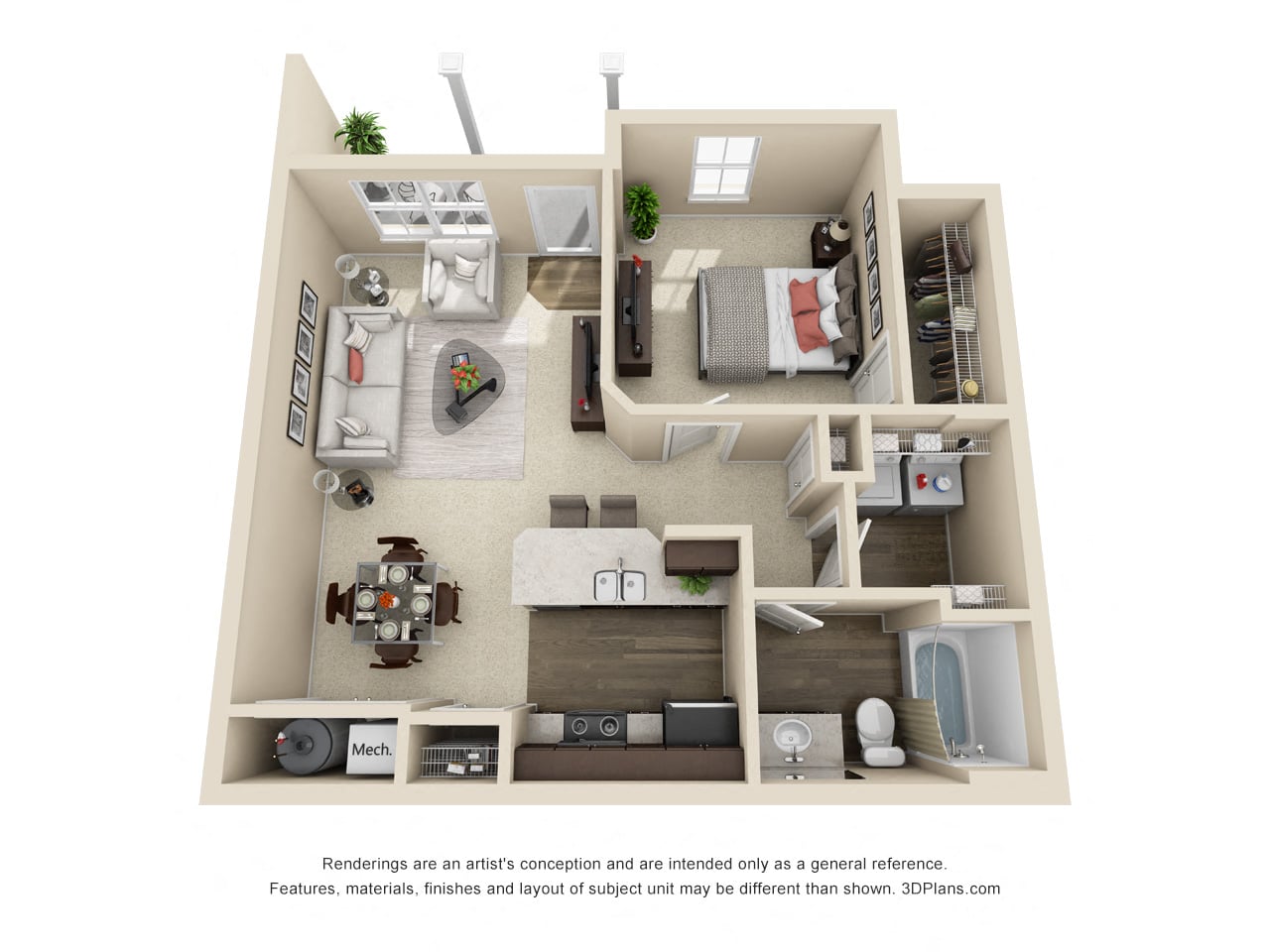 Floor plan for 1 bed, 1 bath, 723 sqft